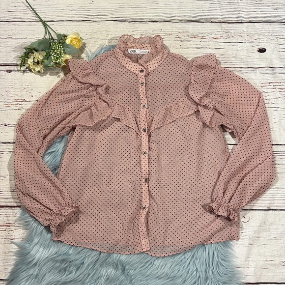 Zara Ruffled Red Polka Dot Pink Ruffle Sheer Blouse - Picture 2 of 10